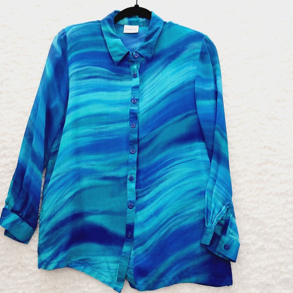 Blouse Button Up Blue Watercolor Abstract Coastal Resort Flowing Cruise Size XL